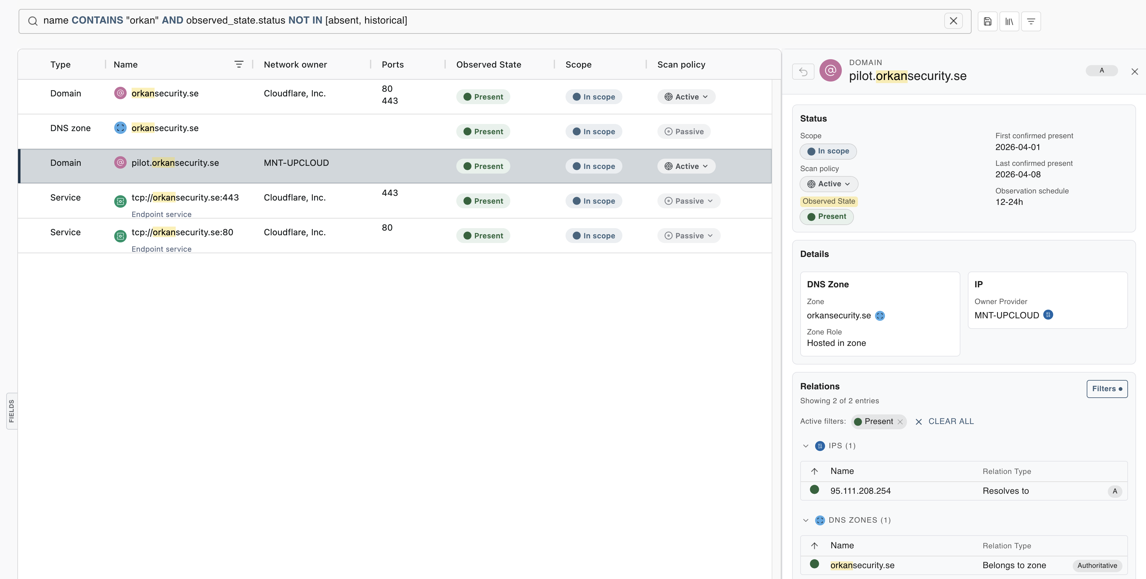 Orkan portal showing asset inventory with domain details, relations, and scan controls